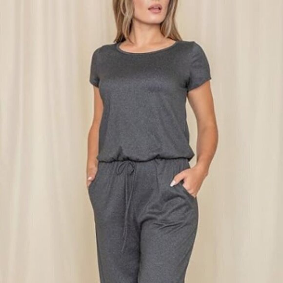 Charcoal Side-Pocket Tie-Waist Short-Sleeve Jumpsuit - Picture 2 of 2